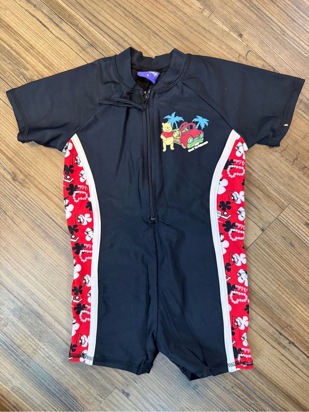 Disney Black and Red Kids One-Piece Swimsuit with Beach Graphic